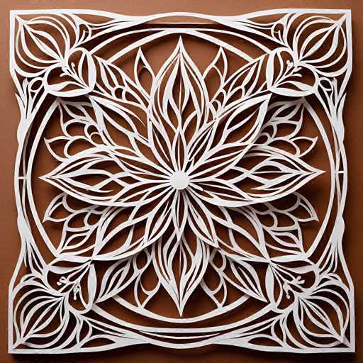 The image shows an intricate white paper cut design featuring a large flower with multiple petals and leaves surrounding it. The design is symmetrical, with the center of the flower being the focal point. The background is brown, providing a contrast to the white elements in the design.
