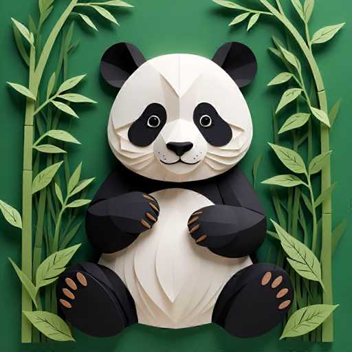 The image depicts a paper panda sitting on its hind legs with its front paws resting on the ground and its back legs stretched out behind it. The panda is surrounded by green leaves and bamboo shoots, creating a natural setting for the scene.