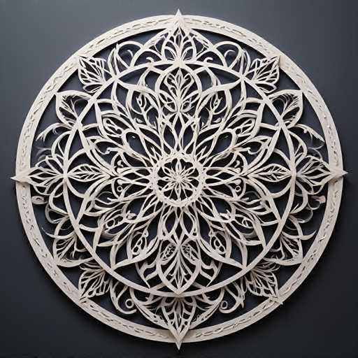 The image shows an intricate white paper cut design on a dark blue background. The design is composed of numerous small circles and lines that create a complex pattern. The precise arrangement of the elements suggests a high level of skill and attention to detail in the creation process.