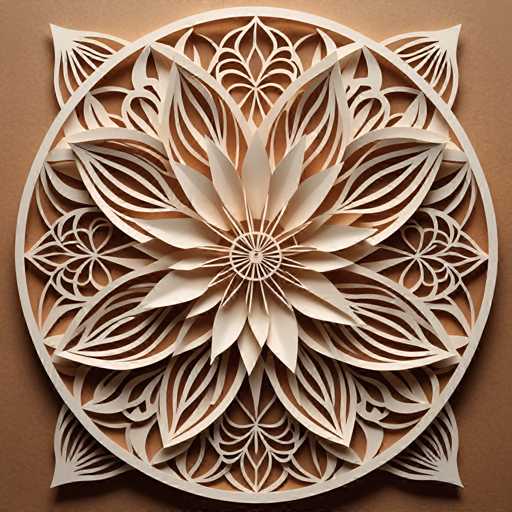 The image shows an intricate paper cut design on a brown background. The design features a large white flower with multiple petals and stems, surrounded by smaller white flowers arranged in a circular pattern around the central flower.