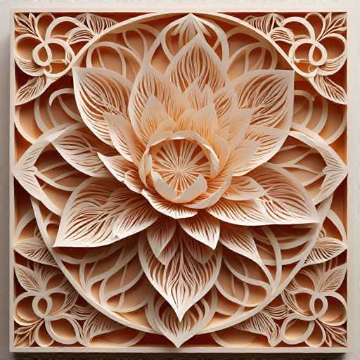 The image shows an intricate paper cut design featuring a large white flower with numerous petals and leaves. The flower is the central focus of the piece, surrounded by smaller floral designs that add to its complexity. The background is a light beige color, providing a neutral backdrop for the vibrant colors of the paper cut art.