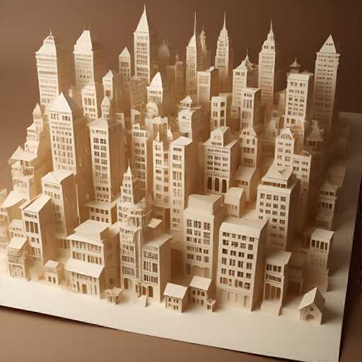 The image presents a meticulously crafted paper cityscape composed of numerous white buildings and towers arranged in a grid-like pattern on a brown background. The buildings vary in size and shape, with some featuring pointed roofs and others having flat tops. The precise arrangement of the buildings creates an illusion of depth and perspective, giving the impression that one is looking out from within this miniature city.
