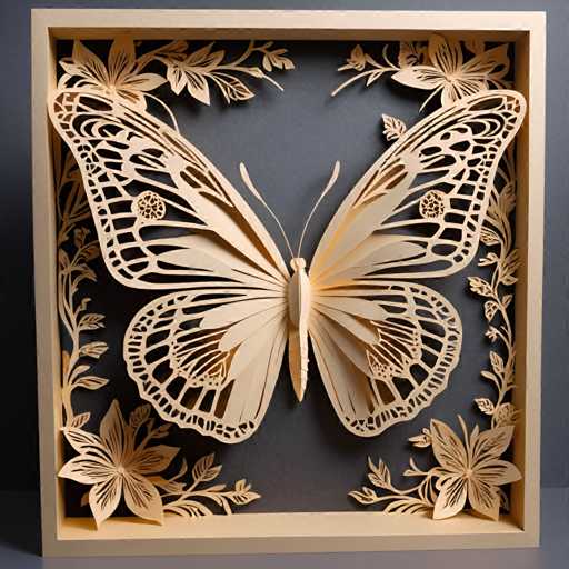 The image shows a meticulously crafted paper butterfly with intricate details and patterns. The butterfly is the central focus of the frame, which is set against a gray background. Surrounding the butterfly are delicate white flowers that add to the overall aesthetic appeal of the piece.