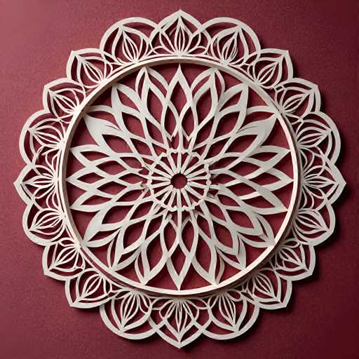 The image shows an intricate white paper cut design on a red background. The design is composed of numerous small circles and lines that form the shape of a flower or a mandala. The precise arrangement of these elements creates a sense of balance and symmetry in the composition.