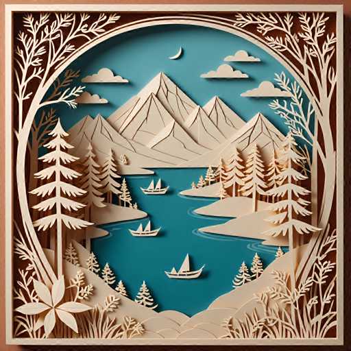 The image depicts a paper cutout of a serene mountain landscape with a river flowing through it. The mountains and trees are crafted from white paper, creating a realistic representation of the natural scenery. In the foreground, there is a boat floating on the water, adding depth to the scene. The background features a blue sky dotted with clouds, enhancing the overall tranquility of the image.