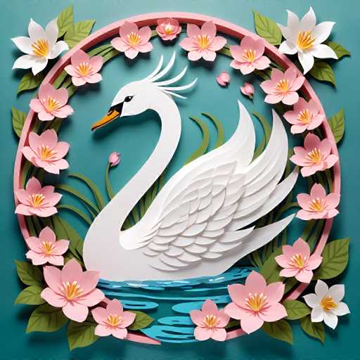 The image depicts a white swan with a yellow beak and feet, positioned centrally against a backdrop of pink flowers arranged around it. The background is a light blue color, providing a contrast to the white elements in the foreground.