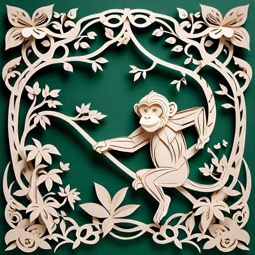 The image depicts a paper cutout of a monkey holding onto a branch with its arms and legs spread out. The background is a dark green color, providing a stark contrast that makes the monkey stand out. The monkey's position on the branch suggests it might be climbing or hanging from it.