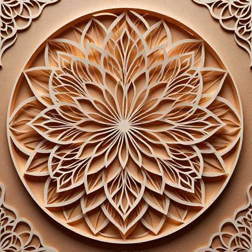 The image shows an intricate paper cut design featuring a large flower with numerous petals and leaves. The flower is the central focus of the circular pattern surrounding it, which is predominantly brown in color. The precise arrangement of the elements creates a sense of depth and complexity within the design.