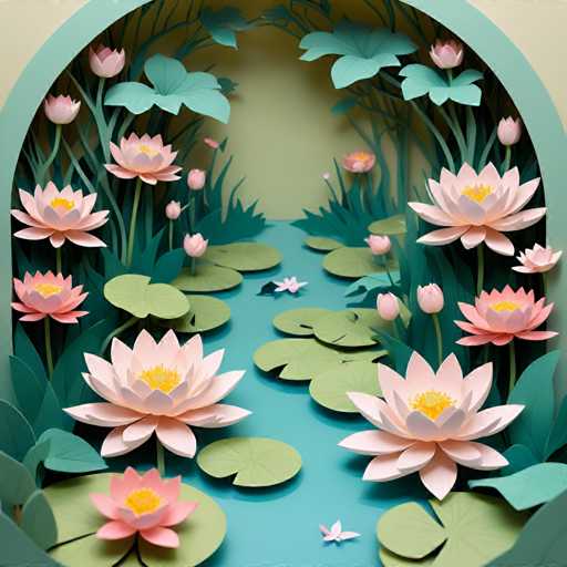 The image depicts an art piece featuring a garden scene with pink and green flowers arranged in the shape of a river flowing through it. The flowers are meticulously crafted from paper, creating a lifelike representation of nature's beauty. The artist has used a realistic style to capture the intricate details of each flower and the surrounding foliage.