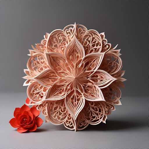 The image shows an intricate paper flower crafted from pink paper with a white center and delicate floral patterns on each petal. The flower is positioned slightly off-center to the right against a gray background. Next to the flower, there is a single red rose.