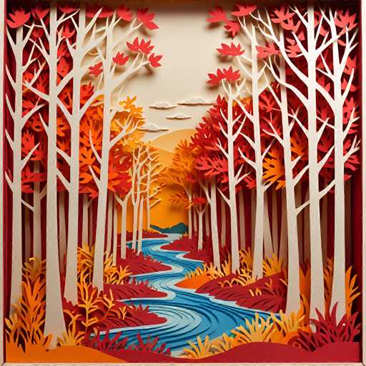 The image depicts an autumn scene featuring a winding river surrounded by trees with red and orange leaves. The sky above is filled with clouds, creating a sense of depth and perspective. The artist's style is characterized by the use of paper as the medium for the artwork, which adds a unique texture to the piece.