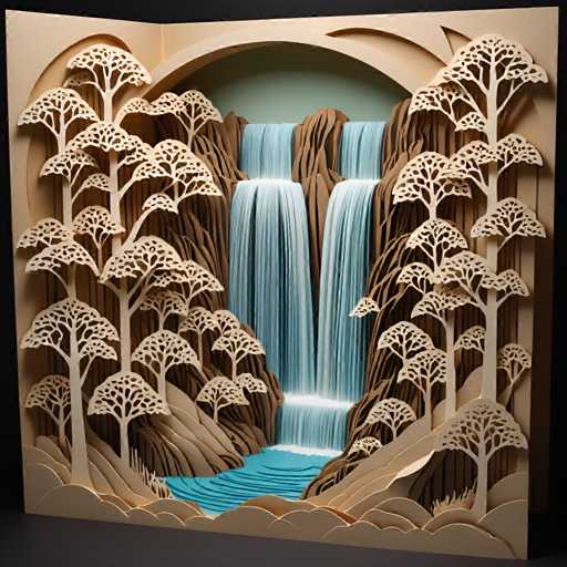 The image depicts a 3D model of a waterfall cascading down from the top right corner towards the bottom left corner. The waterfall is surrounded by trees and shrubs, creating a natural and serene landscape. The scene is rendered in a realistic style with intricate details that bring it to life.