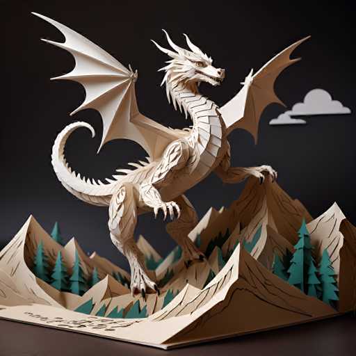 The image shows a paper dragon sculpture standing on top of a mountain with its wings spread wide and tail curled up behind it. The dragon is facing towards the right side of the image. The background features mountains covered in trees, creating a natural setting for the dragon's location.