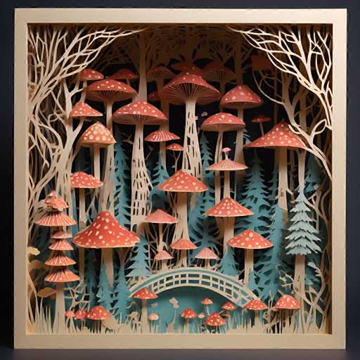 The image depicts an intricate paper cut scene featuring a forest filled with mushrooms and trees. The mushrooms are predominantly red with white spots, while the trees have green leaves. A bridge is visible in the center of the scene, connecting two parts of the forest.