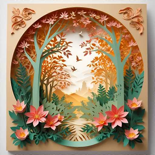The image is a paper cutout depicting an autumn forest scene with pink flowers and green trees. The tree trunks have been meticulously crafted from paper, creating a sense of depth and dimension. The background features a light brown color that complements the vibrant colors of the flowers and leaves. The art style is reminiscent of traditional Japanese woodblock prints, characterized by its attention to detail and use of negative space.
The image does not contain any discernible text or countable objects, making it an abstract representation of nature's beauty.