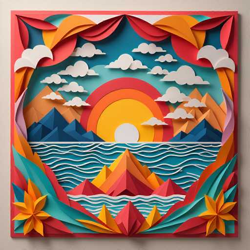 The image depicts a vibrant and colorful paper art piece that captures the essence of a sunrise over mountains. The artwork is meticulously crafted with various shapes and colors, including reds, oranges, yellows, blues, greens, and whites. The sun, located in the center of the piece, radiates warmth and light, casting its glow on the surrounding mountains. The mountains themselves are depicted in shades of blue and green, adding depth to the scene. The paper art is framed by a red curtain at the top left corner, creating a sense of balance and harmony within the composition.