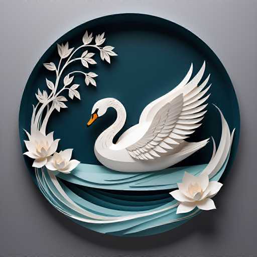 The image depicts a white swan with its wings spread wide and a yellow beak, positioned on the right side of a circular frame against a dark blue background. The swan is surrounded by three white flowers, two on each side, creating a symmetrical composition.