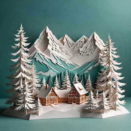 The image depicts a paper snow sculpture featuring two small houses nestled among pine trees and mountains. The houses have a brown roof and white walls, adding warmth to the cool tones of the scene. The paper is meticulously crafted with precision and attention to detail, showcasing the artist's skill in creating three-dimensional forms from flat materials.