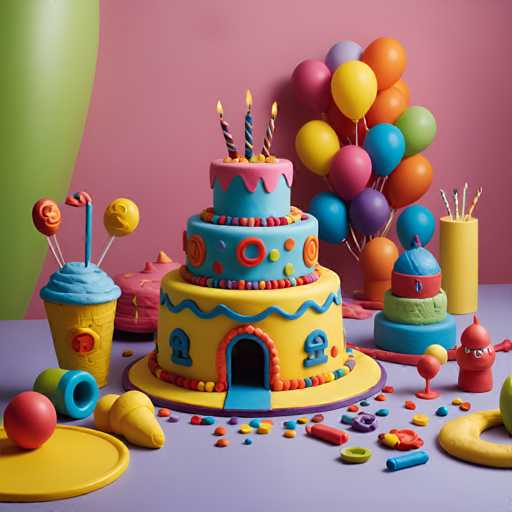 The image depicts a birthday party scene with a three-tiered cake adorned with colorful decorations and lit candles on top. Surrounding the cake are various party items such as balloons, cups, plates, and utensils like forks and spoons. The background features a pink wall with a balloon archway and a green balloon floating in front of it.