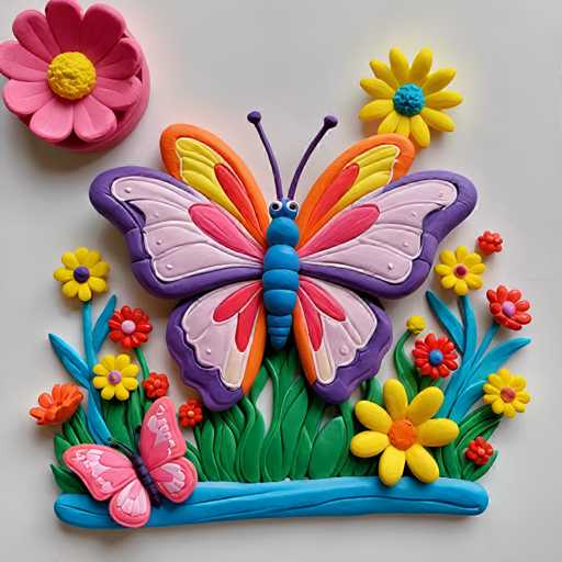The image shows a vibrant butterfly sculpture made from clay on a white background. The butterfly is predominantly pink and purple with yellow wings and orange spots. Surrounding the butterfly are various colorful flowers in shades of red, yellow, and blue.