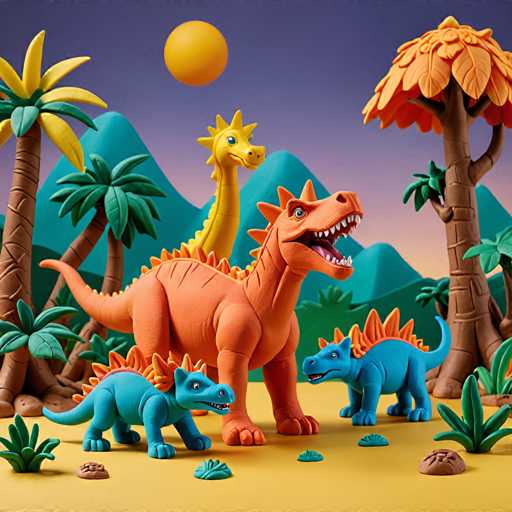 The image depicts a vibrant scene from a jungle setting with three dinosaurs - an orange dinosaur on the left side of the frame and two blue dinosaurs on the right side. The background features palm trees and mountains under a clear sky.