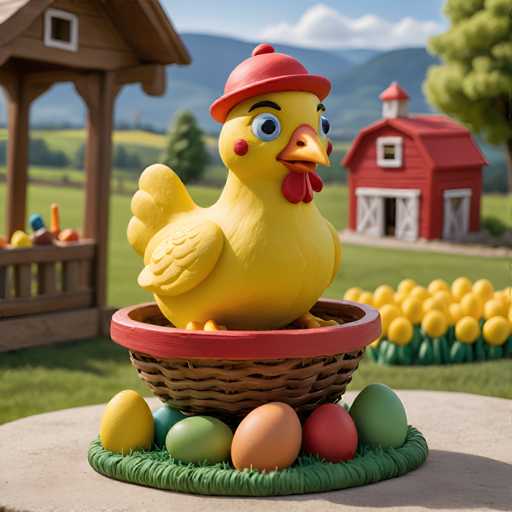 A yellow chicken statue sits on a basket filled with colorful Easter eggs and flowers, surrounded by a lush green lawn and a red barn in the background.