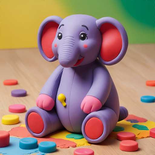 A purple elephant figurine is sitting on a colorful rug with red and blue polka dots. The elephant has pink paws and a yellow bell around its neck.