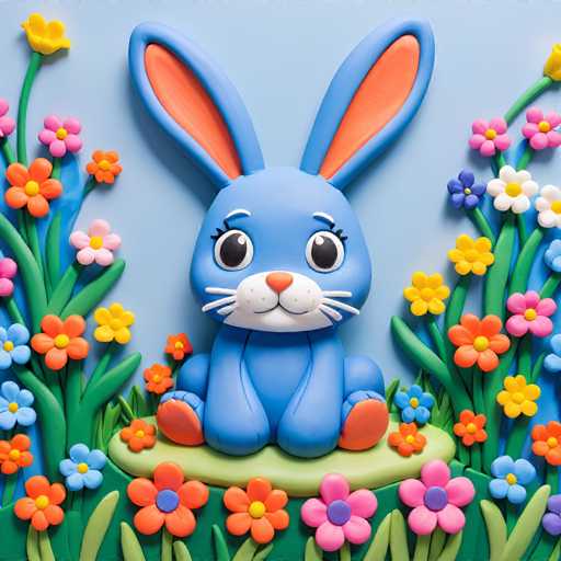 The image depicts a blue bunny sitting on a green surface surrounded by colorful flowers and plants against a light blue background with white clouds.