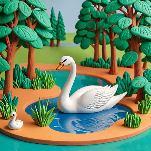 The image depicts a white swan swimming in a blue pond surrounded by green trees and bushes. The swan is positioned centrally within the frame, facing towards the right side of the image.