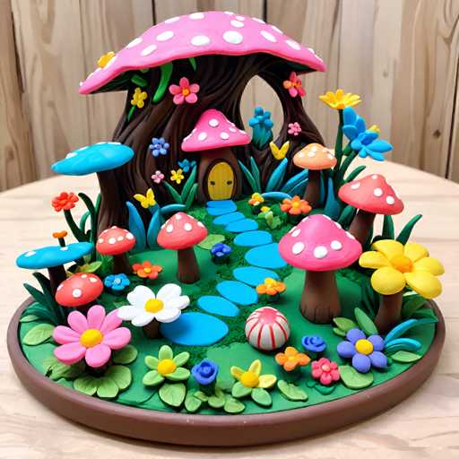 A whimsical cake is displayed on a wooden table. The cake features a charming garden scene with various flowers and mushrooms, including pink and purple flowers, green leaves, and brown mushrooms. A yellow door stands out in the center of the garden, leading to an enchanting forest beyond.