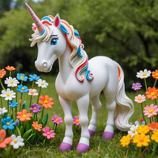 A white toy unicorn with blue and red mane and tail stands on a grassy field dotted with colorful flowers including pink, orange, yellow, purple, and white flowers.