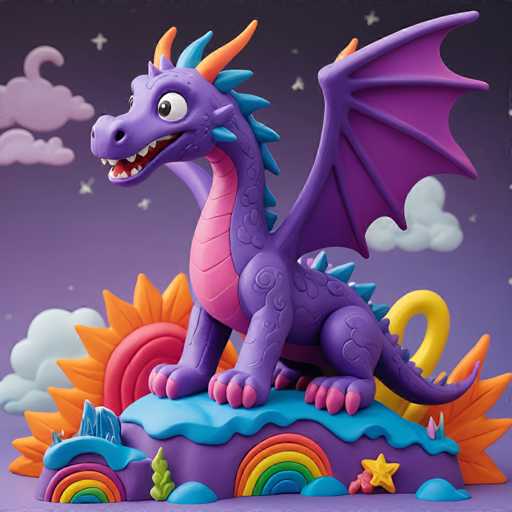 The image depicts a purple dragon statue perched on top of a cake with a rainbow-colored base and stars. The dragon is facing the camera directly, giving an impression that it's looking at us. The background features clouds and other elements typical of a night sky or starry atmosphere.