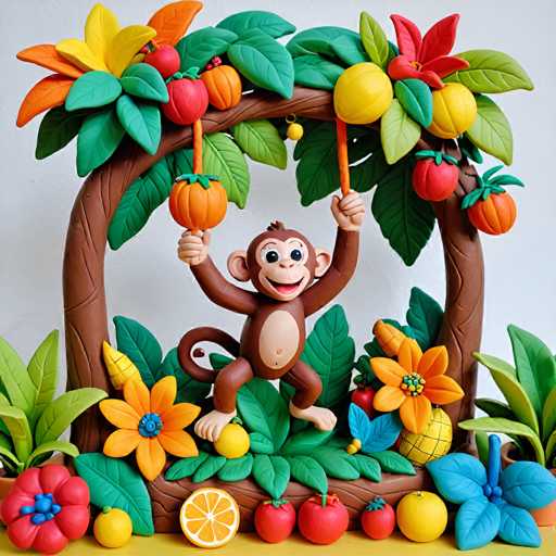 A brown monkey is perched on a tree branch with its arms outstretched and holding two bananas. The background features a lush green palm tree and colorful flowers, creating a tropical atmosphere.