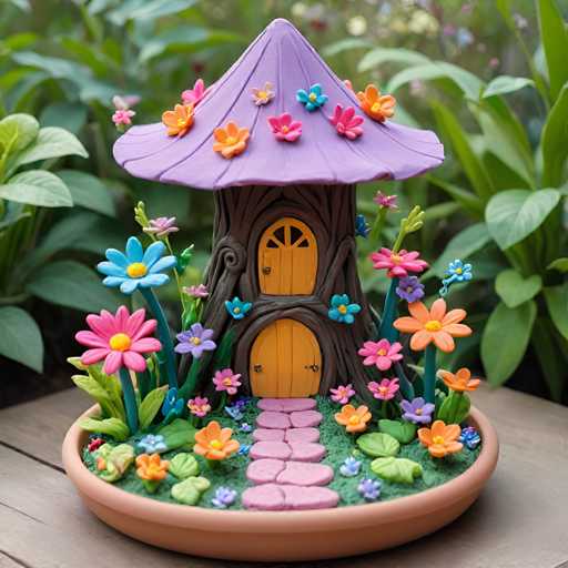 A whimsical garden scene is depicted with a small purple mushroom house nestled among vibrant flowers and plants. The house features a yellow door and windows that add a pop of color to the overall design. A pink path leads up to the house, inviting visitors into this charming garden setting.
