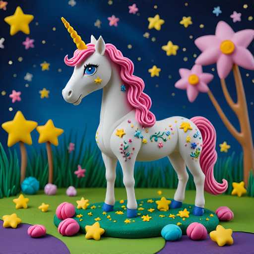 The image depicts a white unicorn figurine standing on a green base surrounded by colorful stars and flowers. The unicorn is adorned with pink and purple flowers and has a blue tail. The background features a dark sky filled with twinkling stars.