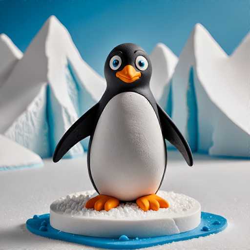 The image shows a black and white penguin figurine standing on a blue platform with snowflakes around it. The penguin is facing the camera directly, giving an impression of being in a pose for a photo. The background features a snowy mountain landscape under a clear blue sky.