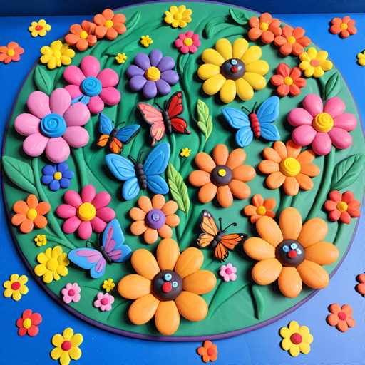 The image shows a vibrant and colorful ceramic flower arrangement composed of various types of flowers and butterflies. The flowers include pink, yellow, orange, purple, and red petals, while the butterflies have blue wings with orange spots. The arrangement is set against a solid blue background, creating a striking contrast that highlights the colors and details of the flowers and butterflies.