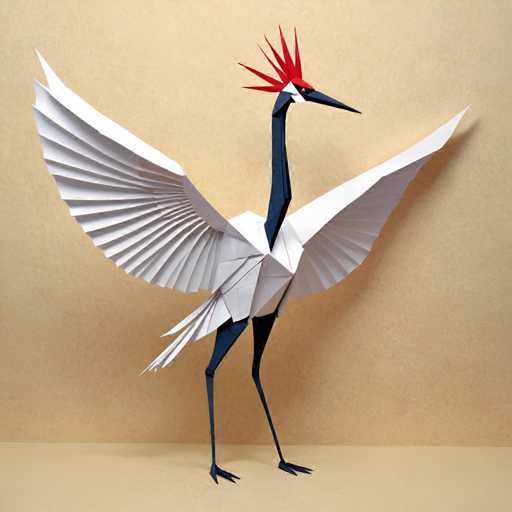 The image shows an origami crane standing on one leg with its wings spread wide open. The crane is made from white paper and has a red beak and feet.