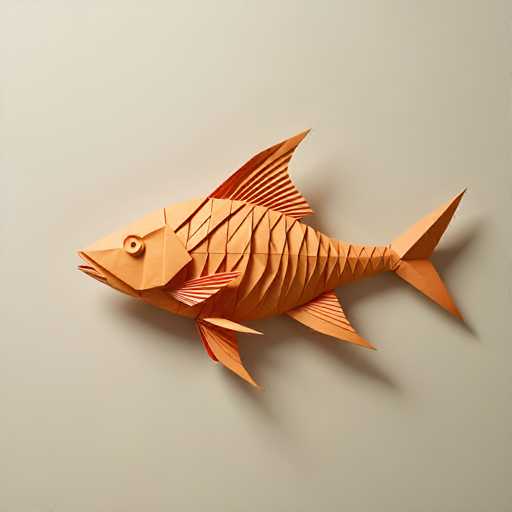 The image shows an orange origami fish with a red stripe on its body and fins, positioned against a white background. The fish is facing towards the right side of the frame.