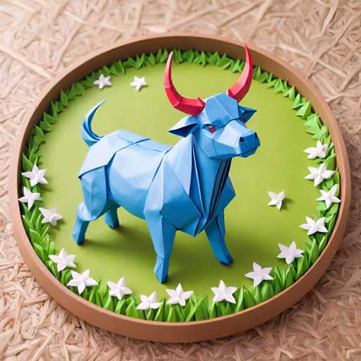 The image shows an origami bull crafted from blue paper with red horns and a white body. The bull is standing on its hind legs against the backdrop of a green field dotted with white flowers.