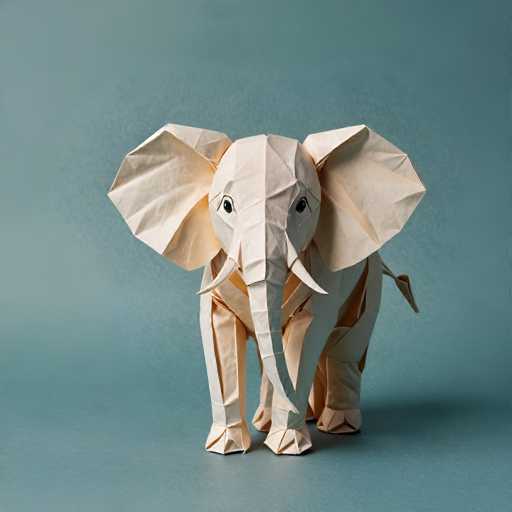 The image shows an origami elephant standing on its hind legs against a blue background. The elephant is crafted from white paper and has a large ear and trunk, giving it a lifelike appearance.