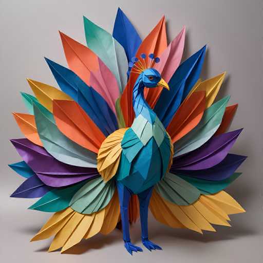 The image depicts an origami peacock standing on one leg with its wings spread wide open. The peacock is adorned with a vibrant array of colorful paper leaves and feathers, creating a striking contrast against the gray background.