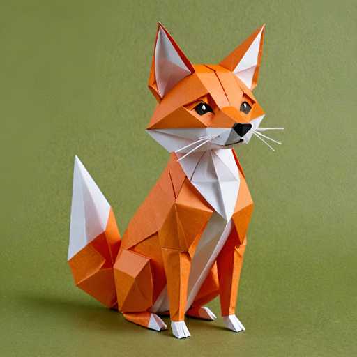 The image shows an orange paper fox sitting on a green surface against a white background. The fox is facing the camera and appears to be posed for the photo.