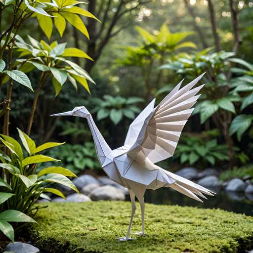 A white origami crane is standing on a mossy patch of ground surrounded by lush green trees and bushes.