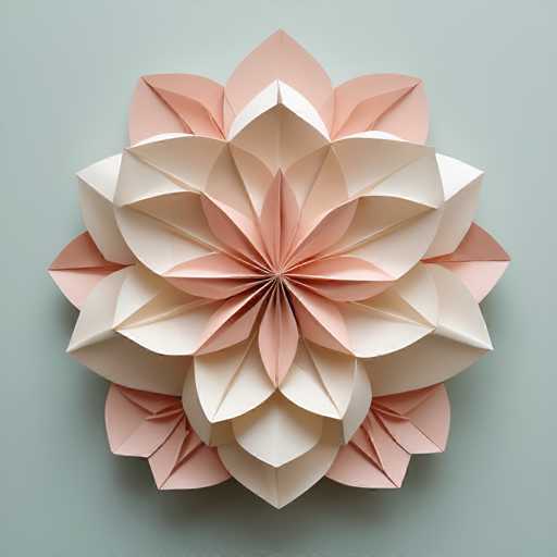 The image shows an origami flower crafted from white and pink paper. The flower is composed of multiple petals arranged in a circular pattern, with the center being the largest and surrounded by smaller petals on all sides. The background is a light blue color that contrasts with the vibrant colors of the flower.