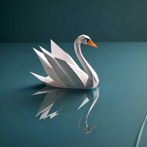The image shows an origami swan crafted from white paper with a triangular shape and orange beak. The swan is positioned on the right side of the frame, facing towards the left. It appears to be floating in mid-air or resting on its back legs, giving it a sense of movement.
