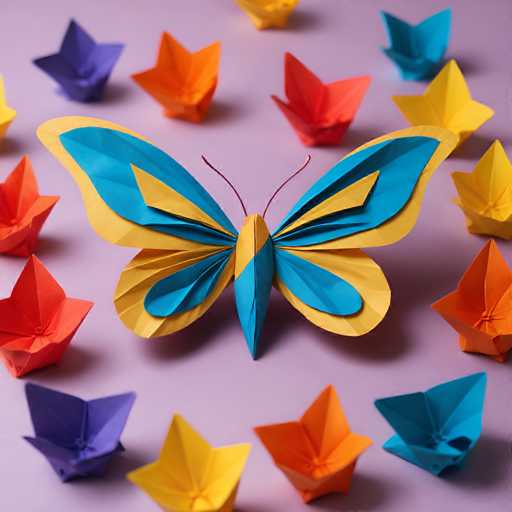 The image shows a collection of origami butterflies and flowers scattered across a pink background. The butterflies have vibrant colors of blue, yellow, orange, and red, while the flowers are predominantly purple with some orange accents.