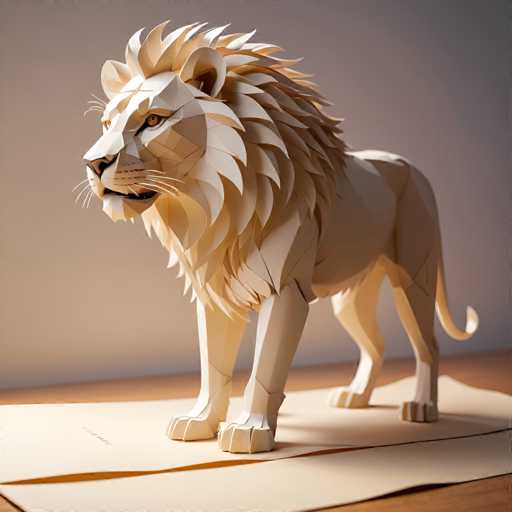 The image shows a white paper sculpture of a lion standing on its hind legs with its front paws resting on the ground and its tail curled up behind it. The sculpture is positioned against a gray background, which contrasts with the white color of the lion's body.