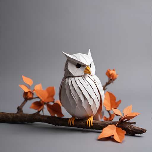 The image shows an origami owl perched on a branch made from orange paper leaves against a gray background. The owl is white and has yellow feet, giving it a lifelike appearance.