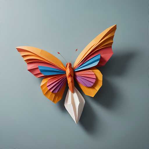 The image shows an origami butterfly crafted from colorful paper strips. The butterfly is facing towards the right side of the frame and has a vibrant mix of orange, pink, blue, and white colors on its wings and body. The butterfly's wings are folded inwards, giving it a three-dimensional appearance. The background is a light blue color that contrasts with the bright colors of the butterfly, making it stand out even more.